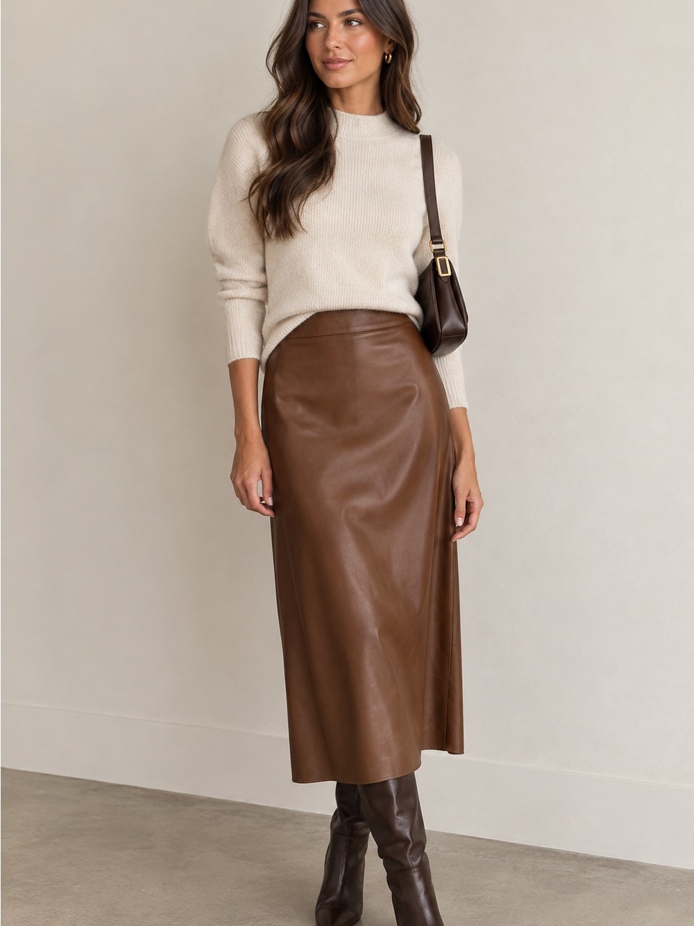 Brown Faux Leather Midi Skirt from DAZY | Sz S